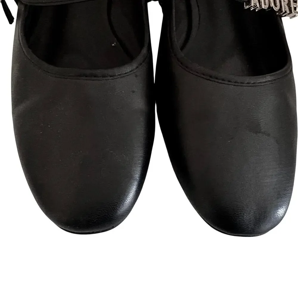 Charles & Keith Faux Black Leather ADORE Charm Mary Jane Ballet Flats Shoes Glam